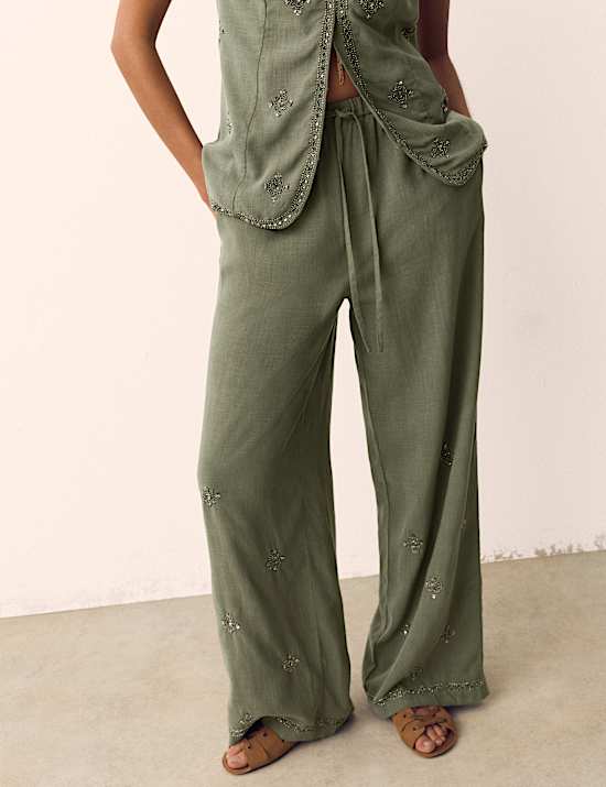 Lyocell Rich Embellished Wide Leg Trousers