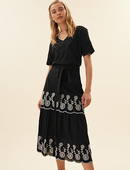 Pure Cotton Embroidered Midi A-Line Skirt