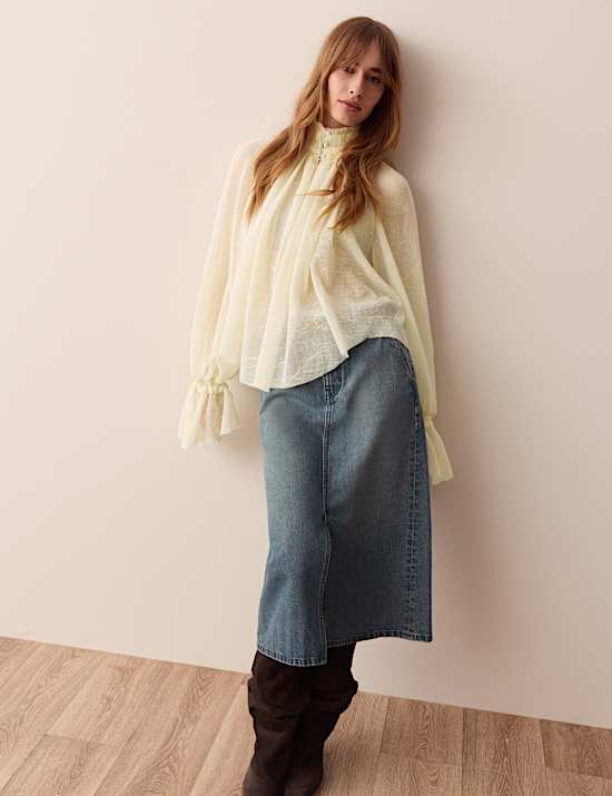 Sheer Pleated High Neck Blouse