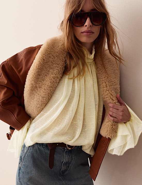 Sheer Pleated High Neck Blouse