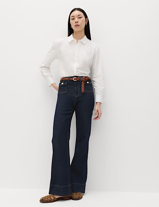 High Waisted Patch Pocket Flared Jeans
