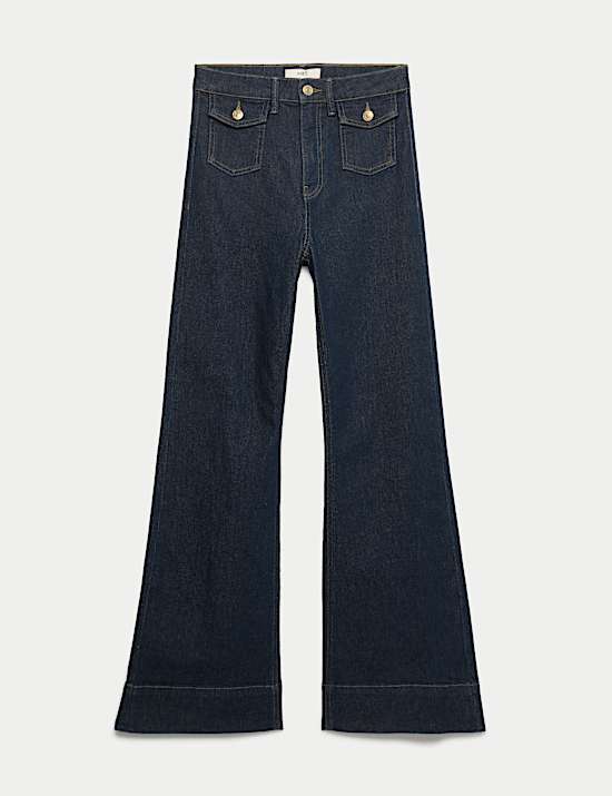 High Waisted Patch Pocket Flared Jeans