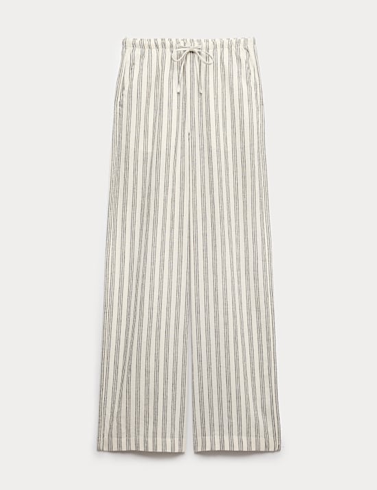 מכנסיים מבד עשיר בפשתן בגזרת רגל רחבה עם שרוך קשירה