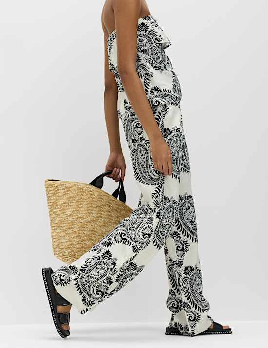 Linen Rich Drawstring Wide Leg Trousers