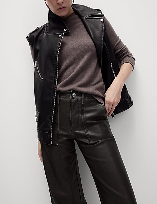 Leather Look Patch Pocket Wide Leg Trousers