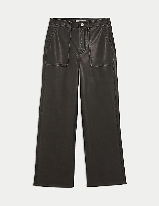 Leather Look Patch Pocket Wide Leg Trousers