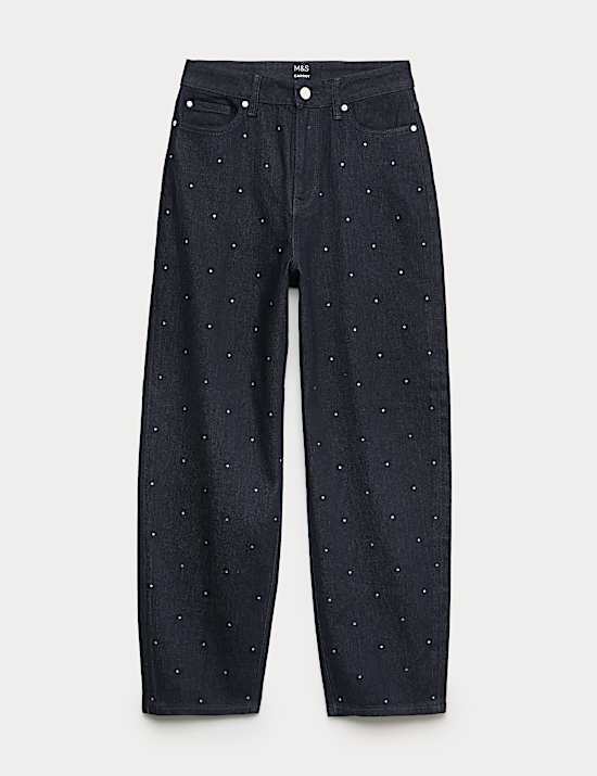 Jean en coton denim coupe carotte avec décoration