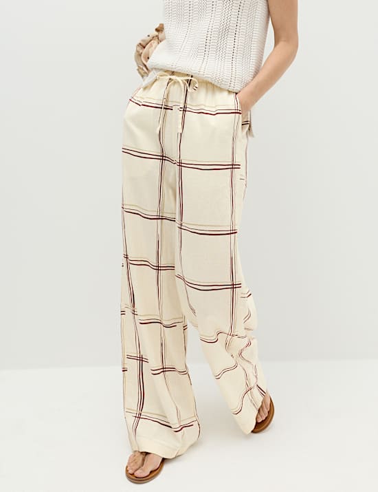 Linen Rich Checked Wide Leg Trousers