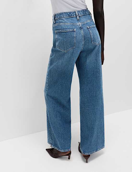 Versierde jeans met hoge taille en wijde pijpen