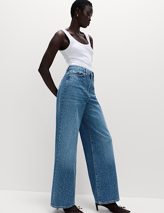 Versierde jeans met hoge taille en wijde pijpen