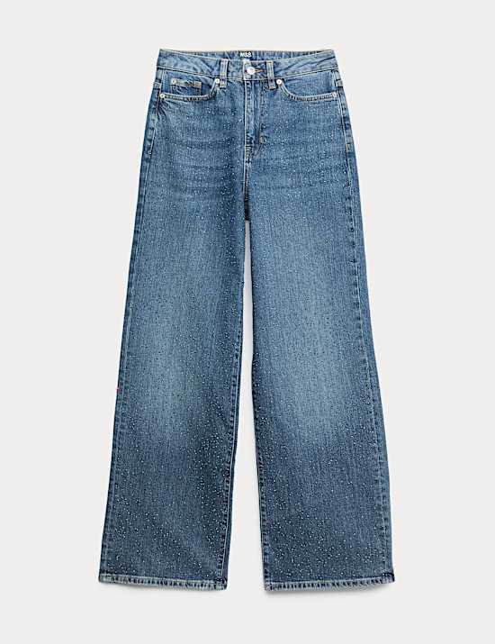 Versierde jeans met hoge taille en wijde pijpen
