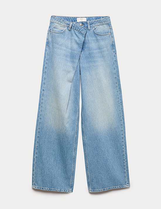 Jeans de algod&oacute;n de pata ancha de tiro medio cruzados en la parte delantera