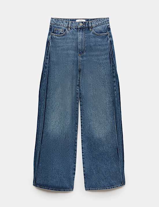 Mid Rise Side Pleat Wide Leg Jeans