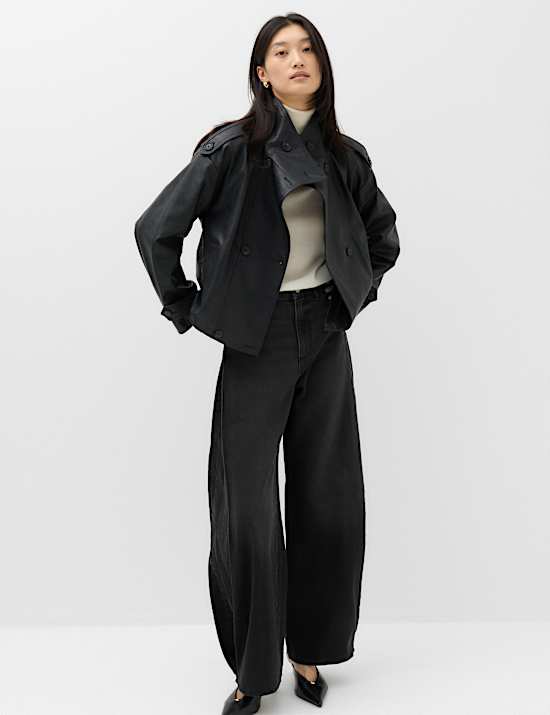 Mid Rise Side Pleat Wide Leg Jeans