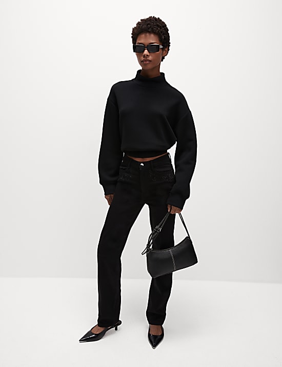 High Waisted Embellished Straight Leg Jeans