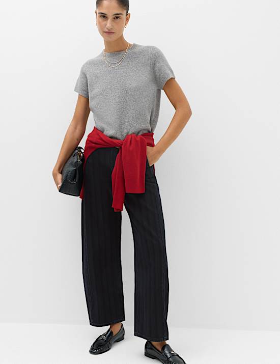Mid Rise Striped Barrel Ankle Grazer Jeans