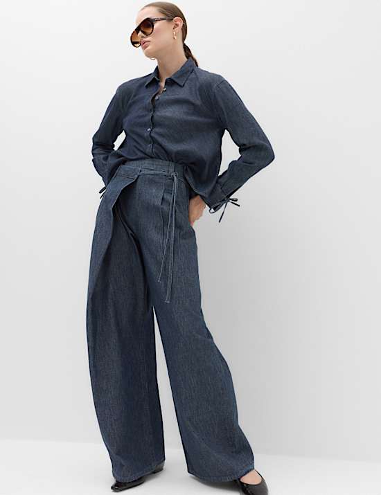 Denim High Waisted Wrap Wide Leg Jeans