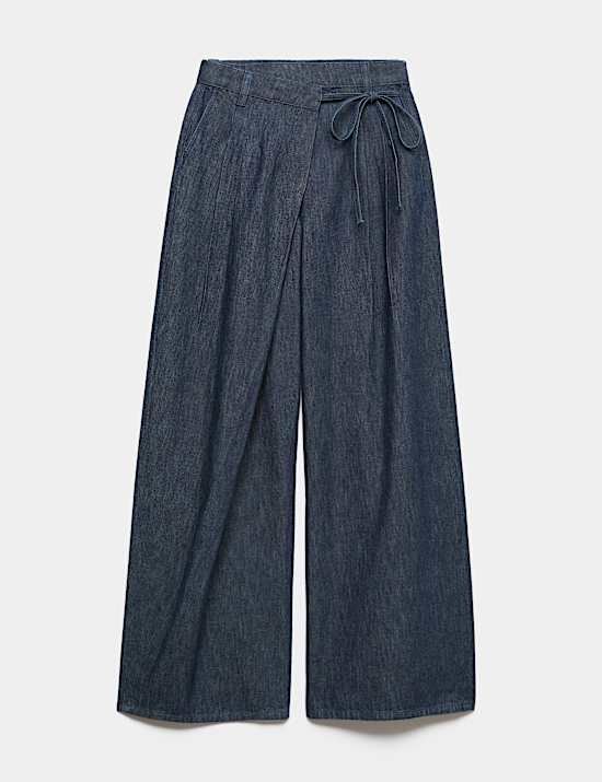 Denim High Waisted Wrap Wide Leg Jeans