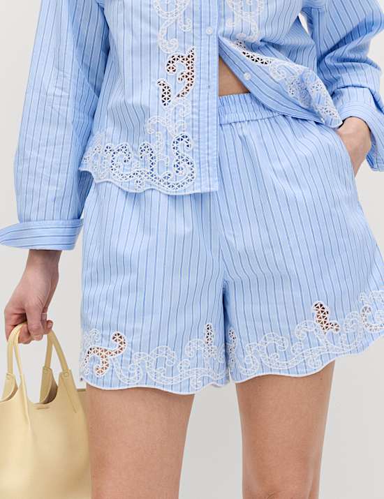 Short 100 % coton brod&eacute; &agrave; rayures