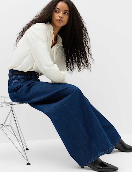 High Waisted Pleat Front Wide Leg Jeans