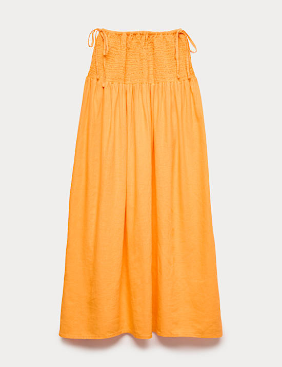 Linen Rich Shirred Tie Detail Maxi Skirt
