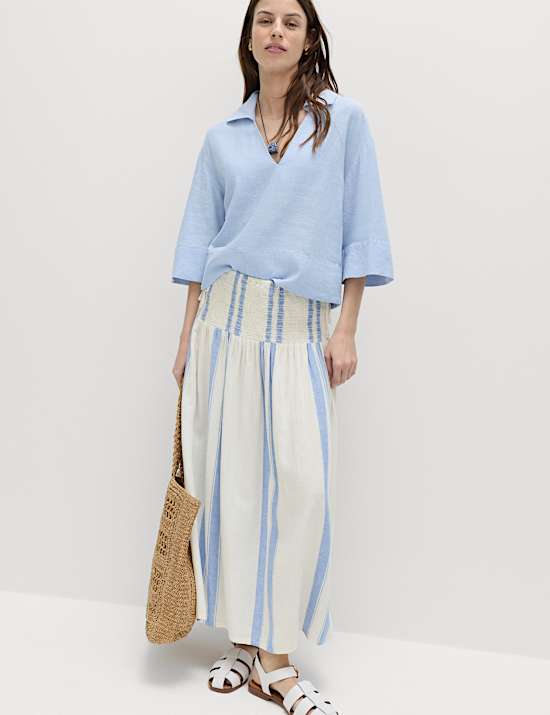 Linen Rich Shirred Tie Detail Maxi Skirt