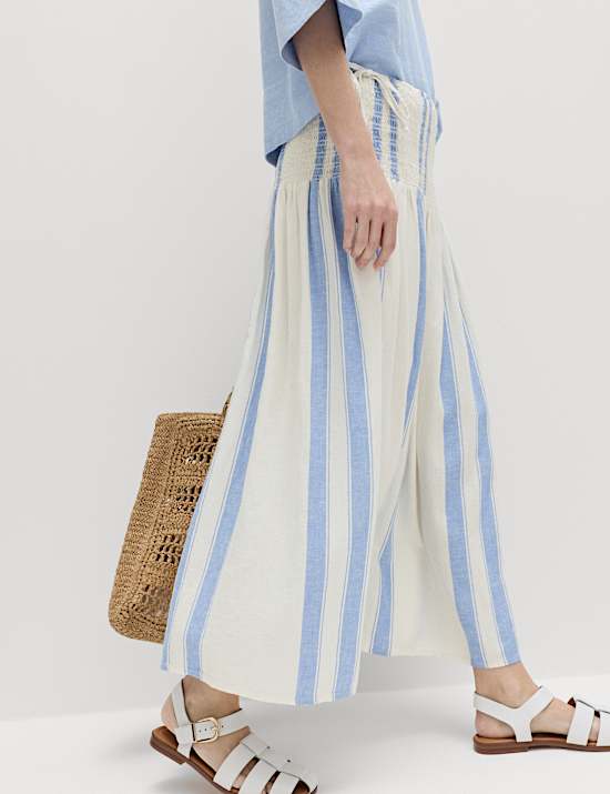 Linen Rich Shirred Tie Detail Maxi Skirt