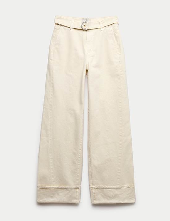 Jeans 100 % algod&oacute;n de pata ancha con dobladillo vuelto y cintur&oacute;n
