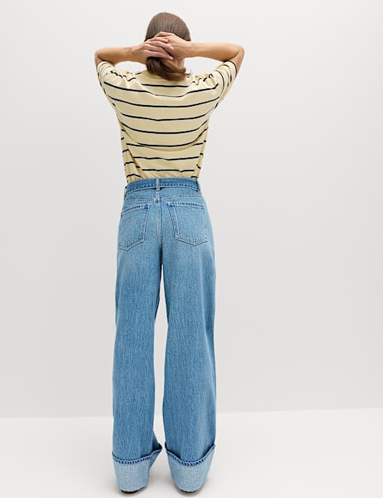 Jean large 100 % coton &agrave; revers avec ceinture