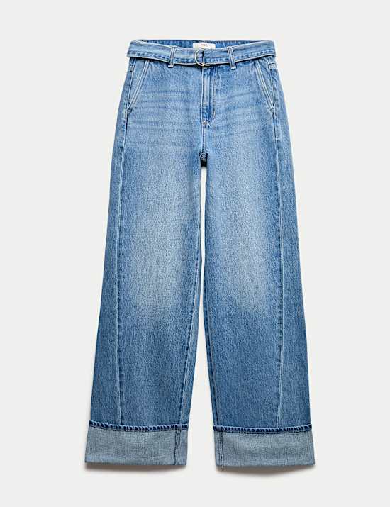 Jean large 100 % coton &agrave; revers avec ceinture