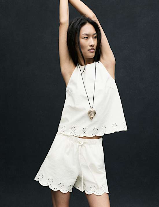 Denim Broderie Pull On High Waisted Shorts