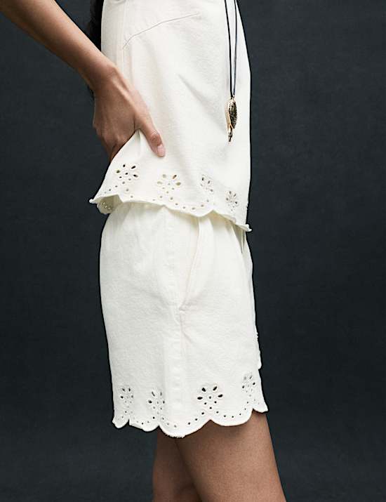 Denim Broderie Pull On High Waisted Shorts