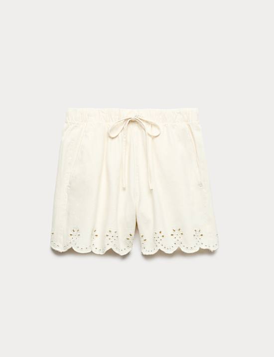 Denim Broderie Pull On High Waisted Shorts