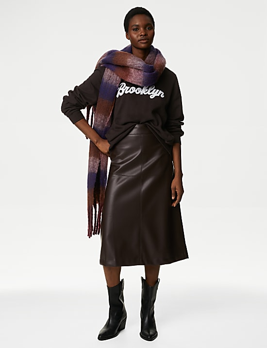 Leather Look Seam Detail Midi A-Line Skirt
