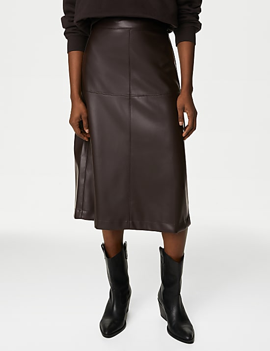Leather Look Seam Detail Midi A-Line Skirt