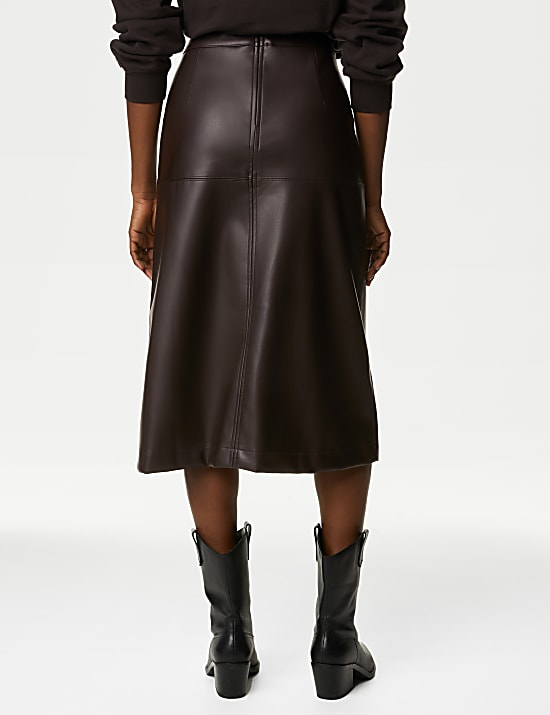 Leather Look Seam Detail Midi A-Line Skirt