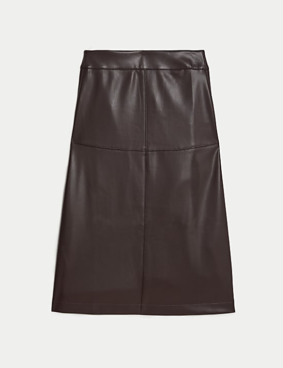Leather Look Seam Detail Midi A-Line Skirt