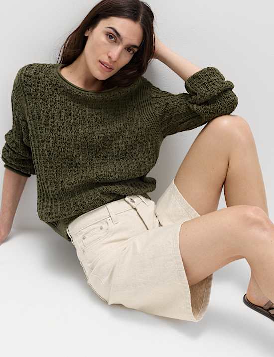 Denim High Waisted Jorts with Linen