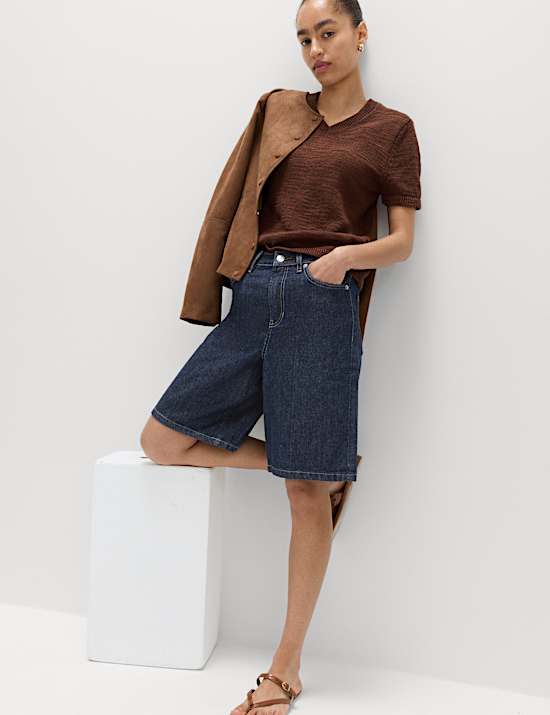 Denim High Waisted Jorts with Linen