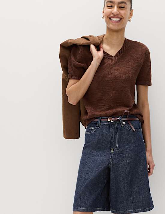 Denim High Waisted Jorts with Linen