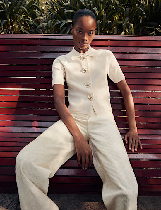 Jean taille haute coupe large 100 % coton textur&eacute;