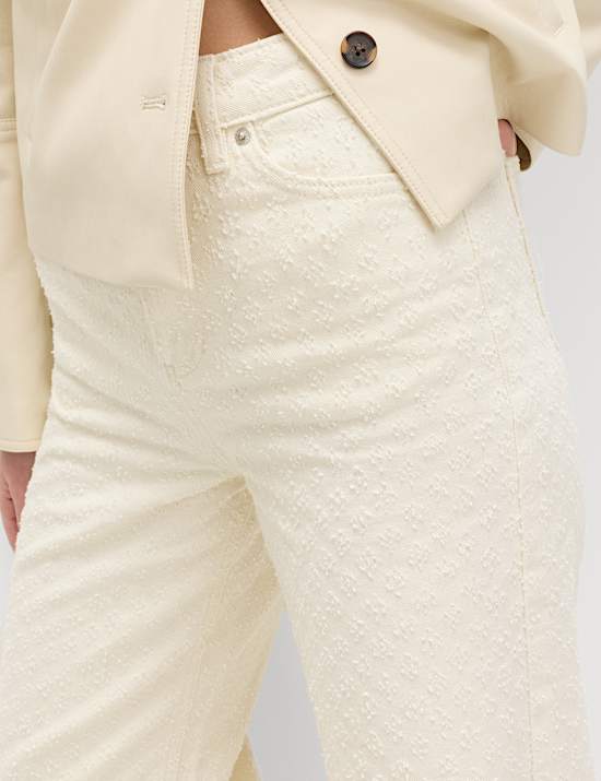 Jean taille haute coupe large 100 % coton textur&eacute;