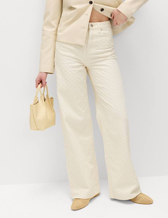 Jean taille haute coupe large 100 % coton textur&eacute;