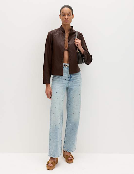 Relaxed High Waisted Gem Embellished Straight Leg Jeans