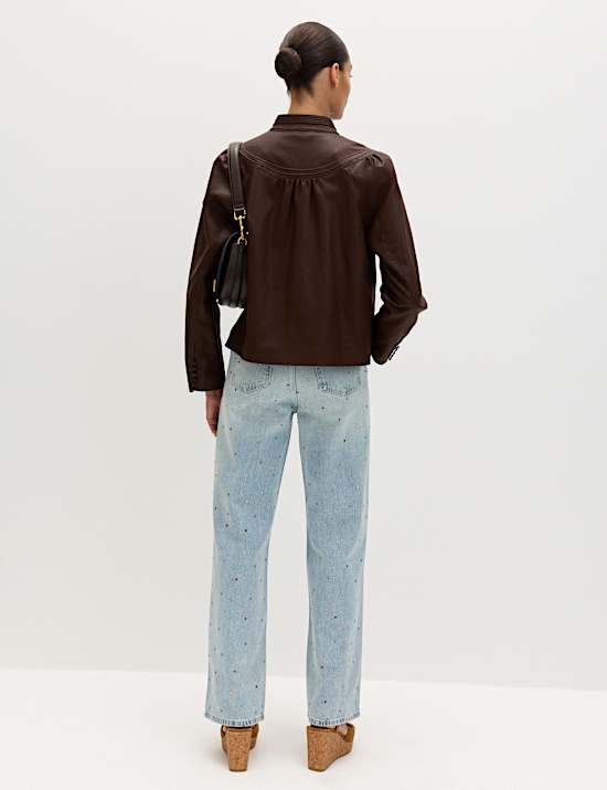 Relaxed High Waisted Gem Embellished Straight Leg Jeans