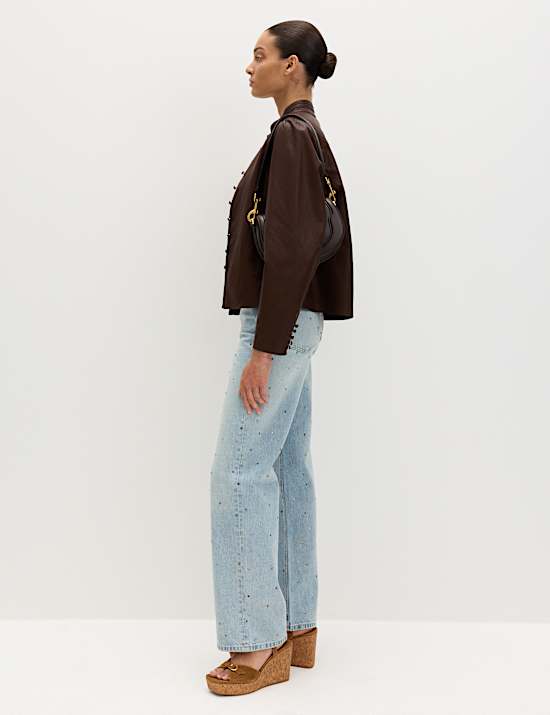 Relaxed High Waisted Gem Embellished Straight Leg Jeans