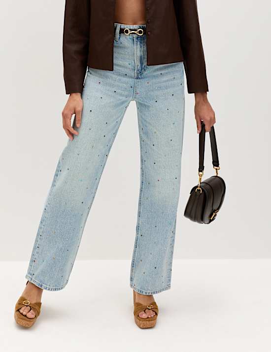Relaxed High Waisted Gem Embellished Straight Leg Jeans