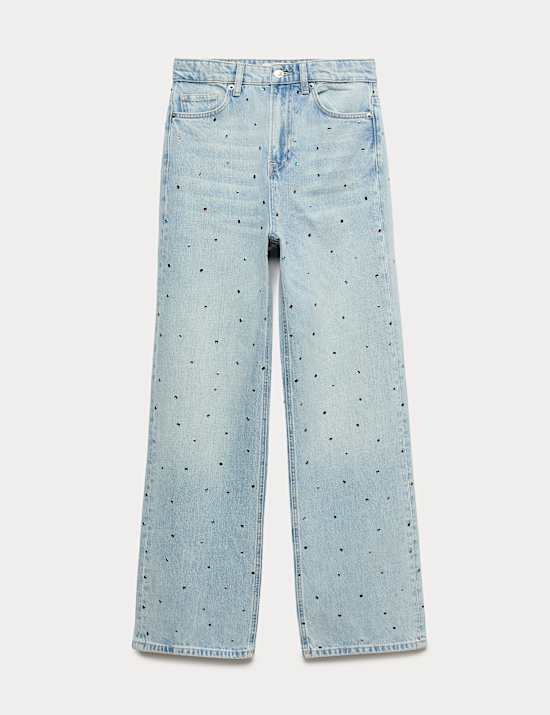 Relaxed High Waisted Gem Embellished Straight Leg Jeans
