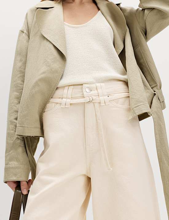 Jupe-culotte en jean coupe large taille haute &agrave; ceinture
