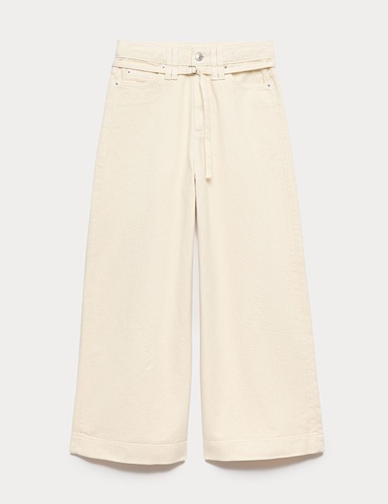 Jupe-culotte en jean coupe large taille haute &agrave; ceinture